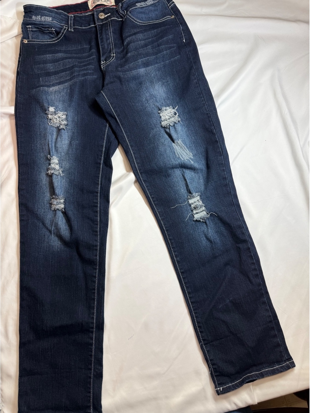 L&B Women's Size 12 Blue Distressed Straight Jeans with Red Stitching